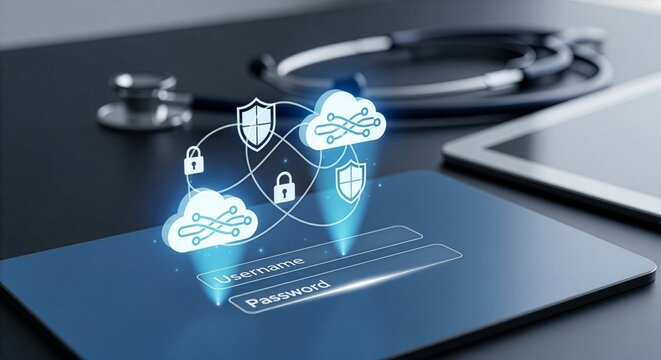 Digital healthcare security dashboard on a futuristic tablet displaying cloud records, patient data protection, encryption access, and medical privacy monitoring with professional tools.