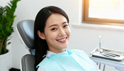 Portrait of a smiling young female patient sitting in the dentists office