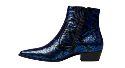 A single blue snakeskin ankle boot with a side zipper on a black background in a studio shot