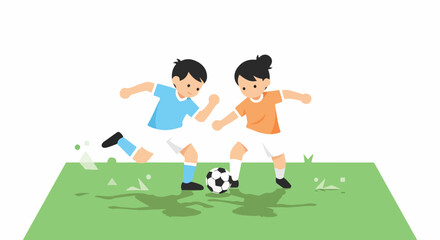 Obraz premium Two children playing soccer on a green field with a cartoon style and vibrant colors.