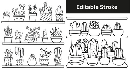 Set of hand-drawn cactus and succulent icons on shelves. Doodle potted plant vector illustration. © Emran Graphics