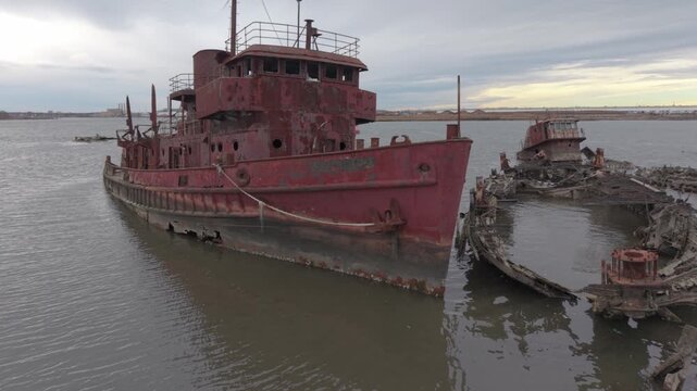 panning shot of boats in Staten Island Boat Graveyard