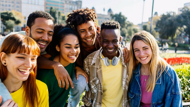Happy diverse group of millennial students and best friends enjoying time together outdoors on a sunny day, laughing and bonding at the city street. Youth, friendship, and positive lifestyle concept.