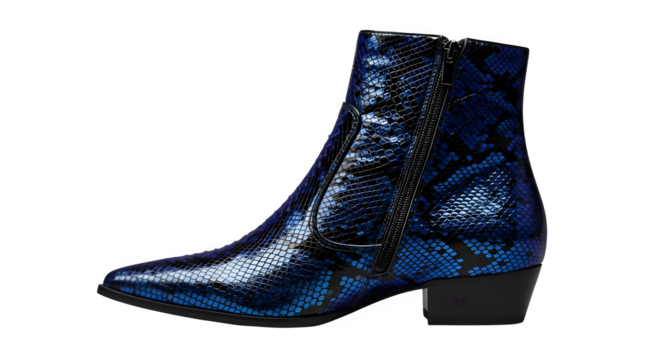 A single blue snakeskin ankle boot with a side zipper on a black background in a studio shot