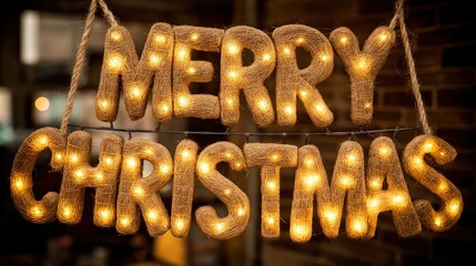 The text Merry Christmas made from jute string and LED lights with each letter connected by rope hanging in front of a warm background for Christmas season