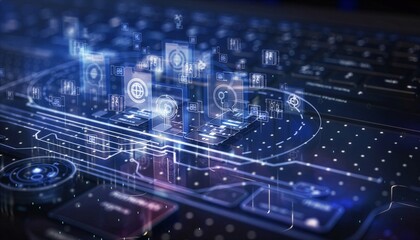 Futuristic AI virtual assistant interface displaying smart chat bubbles, digital network connections, and automated communication technology for business support and intelligent customer interaction.