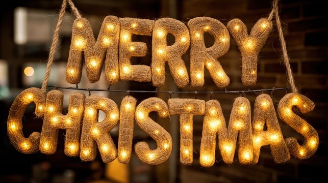 The text Merry Christmas made from jute string and LED lights with each letter connected by rope hanging in front of a warm background for Christmas season
