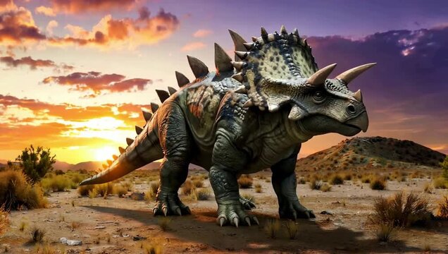 Majestic Triceratops Dinosaur in Desert Landscape at Sunset