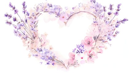 A soft pink heart sits at the center of a delicate watercolor floral wreath, set against a clean white background, conveying romance and suitable for decoration or celebratory occasions.