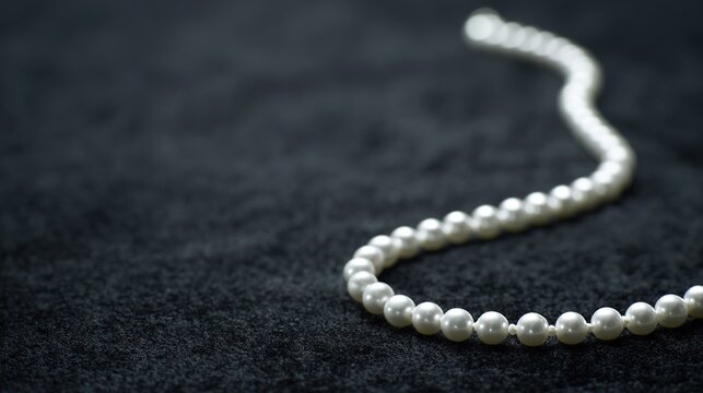 luster. A single strand of pearls arranged in curves on black velvet with soft lighting. lifestyle magazines, social media lookbooks, designed for lifestyle magazines and social media content.luster. 