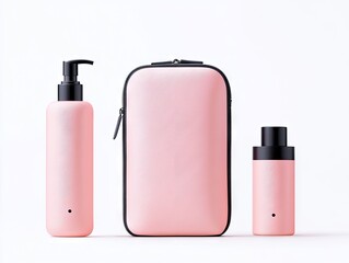 A pink pump bottle, a pink travel case, and a pink spray bottle are arranged on a white background.
