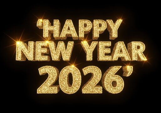 Happy new year 2026 golden glitter text effect on black background