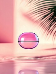 A pink, spherical cosmetic jar floats above a surface of rippling water, casting a soft reflection, with the shadow of a palm leaf overhead.