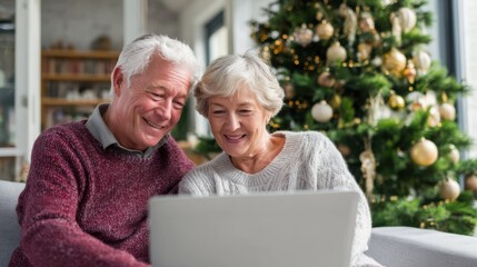 Family video chat between grandparents and their loved ones in a cozy living room with a Christmas tree