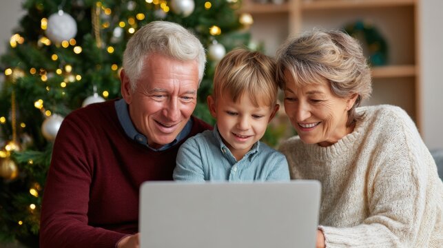 Family enjoys a joyful video call with grandparents by the Christmas tree lights