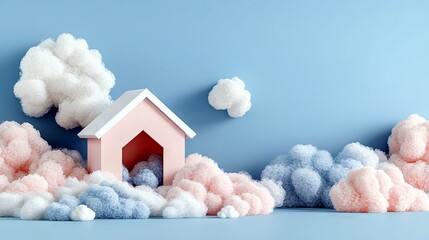 A whimsical scene featuring a small pink house surrounded by soft, fluffy clouds in shades of white, pink, and blue against a clear blue sky.