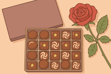Romantic Gift Box of Chocolates and Red Rose Illustration Vintage Style Valentine's Day Treat