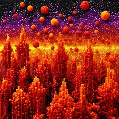 A surreal, abstract landscape composed of numerous small, spherical elements forming towering, organic shapes in shades of red and orange, set against a backgro