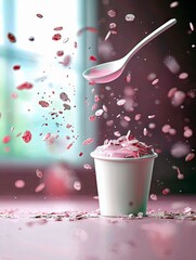 A white cup filled with pink ice cream is surrounded by falling pink and white sprinkles, with a spoon hovering above.