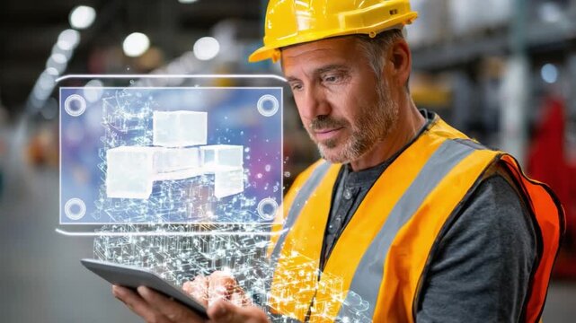 Worker Using Tablet: A focused construction worker wearing a hard hat and safety vest uses a tablet, interacting with digital blueprints or schematics.