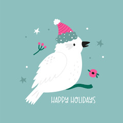 Cute Cartoon White Kookaburra Bird Wearing Santa Hat on Branch with Happy Holidays Text.