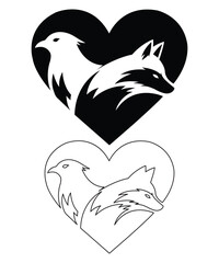 Fox and Eagle Heart Symbol for Valentine Day Design.
