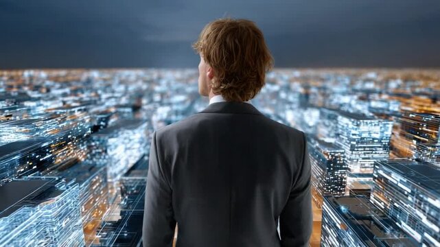 City Visionary: A contemplative businessman stands, gazing at a sprawling cityscape under a sky, symbolizing ambition and foresight in the modern world.