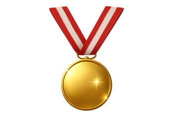 Glittering gold medal with red and white ribbon signifying first place, victory, award, and achievement