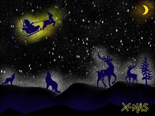 Naklejka premium Santa Claus background flying with reindeer sleigh, snowfall, and silhouette of reindeer and wolf, perfect for your xmas card design