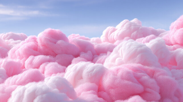 A whimsical and dreamy sky filled with cotton candy clouds bathed in soft pastel hues. The puffy pink formations create a sense of serenity and childlike wonder - Powered by Adobe