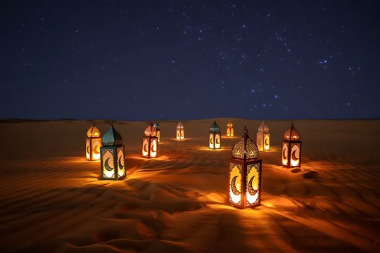 Illuminated moroccan lanterns casting warm light across desert sands under a vast starry night sky