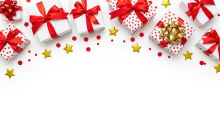 Festive Presents and Cheer: An eye-level shot captures a collection of elegantly wrapped gifts adorned with crimson ribbons, scattered with golden stars and joyful sprinkles.