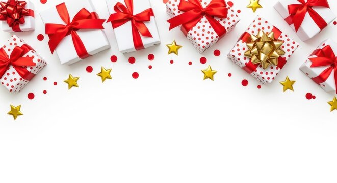 Festive Presents and Cheer: An eye-level shot captures a collection of elegantly wrapped gifts adorned with crimson ribbons, scattered with golden stars and joyful sprinkles.
