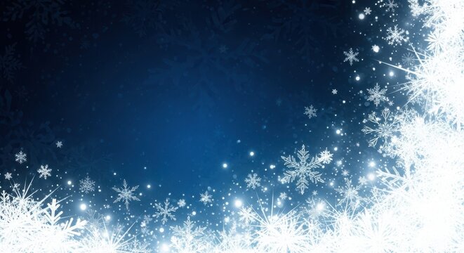 Winter Wonderland: A serene winter scene unfolds, with radiant snowflakes delicately adorning a deep blue canvas, evokes a sense of peace and the magic of the season. 