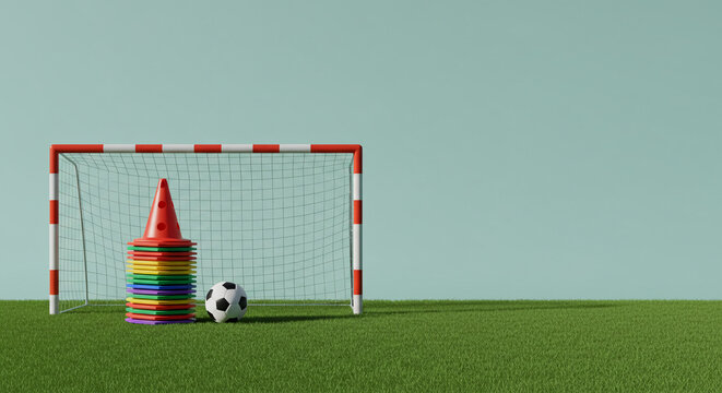 Soccer goal with colorful cones and a ball on green grass with copy space  