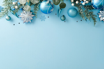 Top border of blue Christmas baubles and frosted fir on light blue background