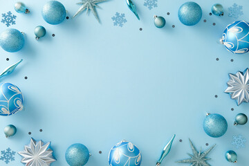 Blue and silver ornaments frame on light blue background, top view with copy space.