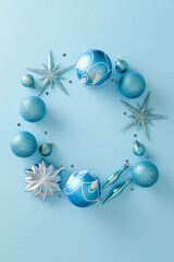 Christmas wreath made of blue baubles and stars on pastel blue background