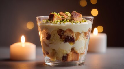 Delightful glass trifle with panettone and mascarpone cream under cozy candlelight