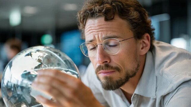 Global Contemplation: A contemplative individual, lost in thought, gazes intently at a globe, the world's complexities reflected in their thoughtful expression.