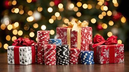 Christmas casino theme with poker chips and festive gift boxes decorated with red ribbons and golden bokeh lights