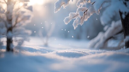 Soft sunlight illuminates a tranquil winter landscape with snow covered trees and falling snowflakes