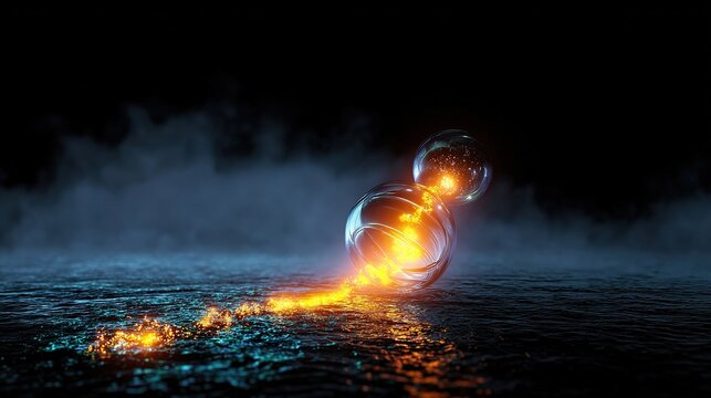 submicroscopic. A single, complex, glowing molecule emerges from a dark, primordial aqueous solution, symbolizing the spark of life. STEM education sheets.