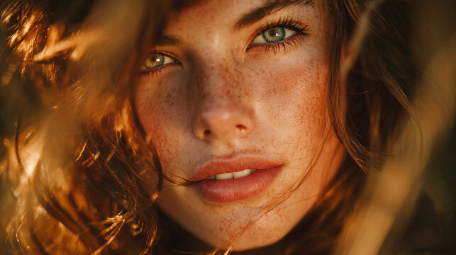 A close-up portrait of a girl with bright blue eyes and freckles, surrounded by golden curls in warm sunlight.
