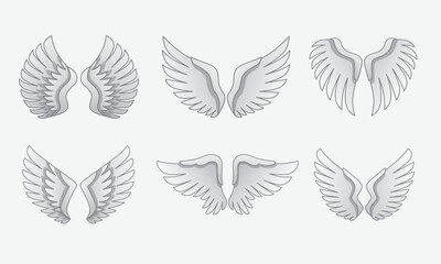 Collection of six different angel wing illustrations in grayscale on a white background.
