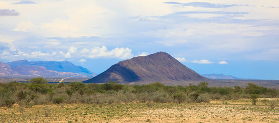 Panoramic view of the landscape of the Namib-Naukluft National Park. This national park in Namibia encompasses parts of the Namib Desert and the Naukluft Mountains. Namibia, Africa.