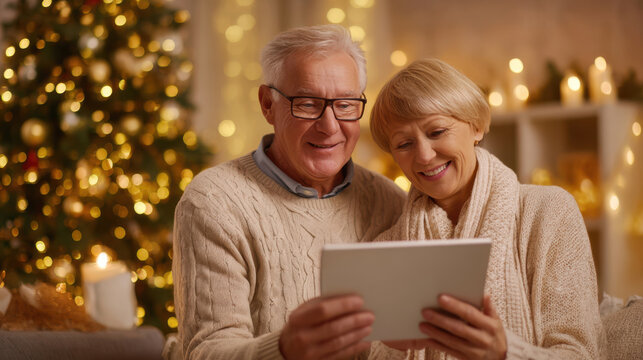 Grandparents joyfully video calling family while celebrating the holidays with glowing candles and festive decor - Powered by Adobe