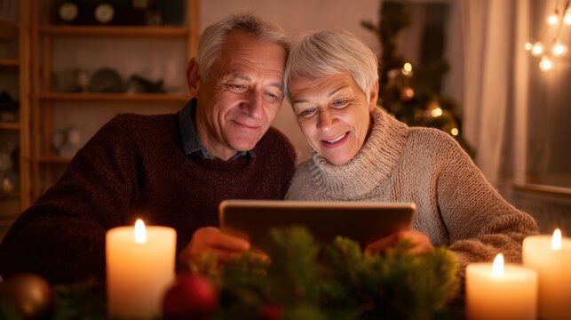 Grandparents enjoying video call with family while surrounded by holiday candles and festive decorations during cozy evening