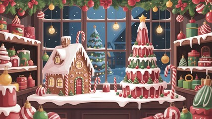 Whimsical gingerbread house and festive cake displayed in a cozy christmas shop window