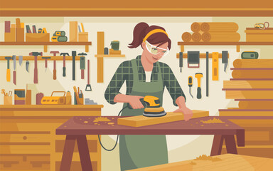 Fototapeta premium Flat vector illustration of a woman sanding wood in a workshop